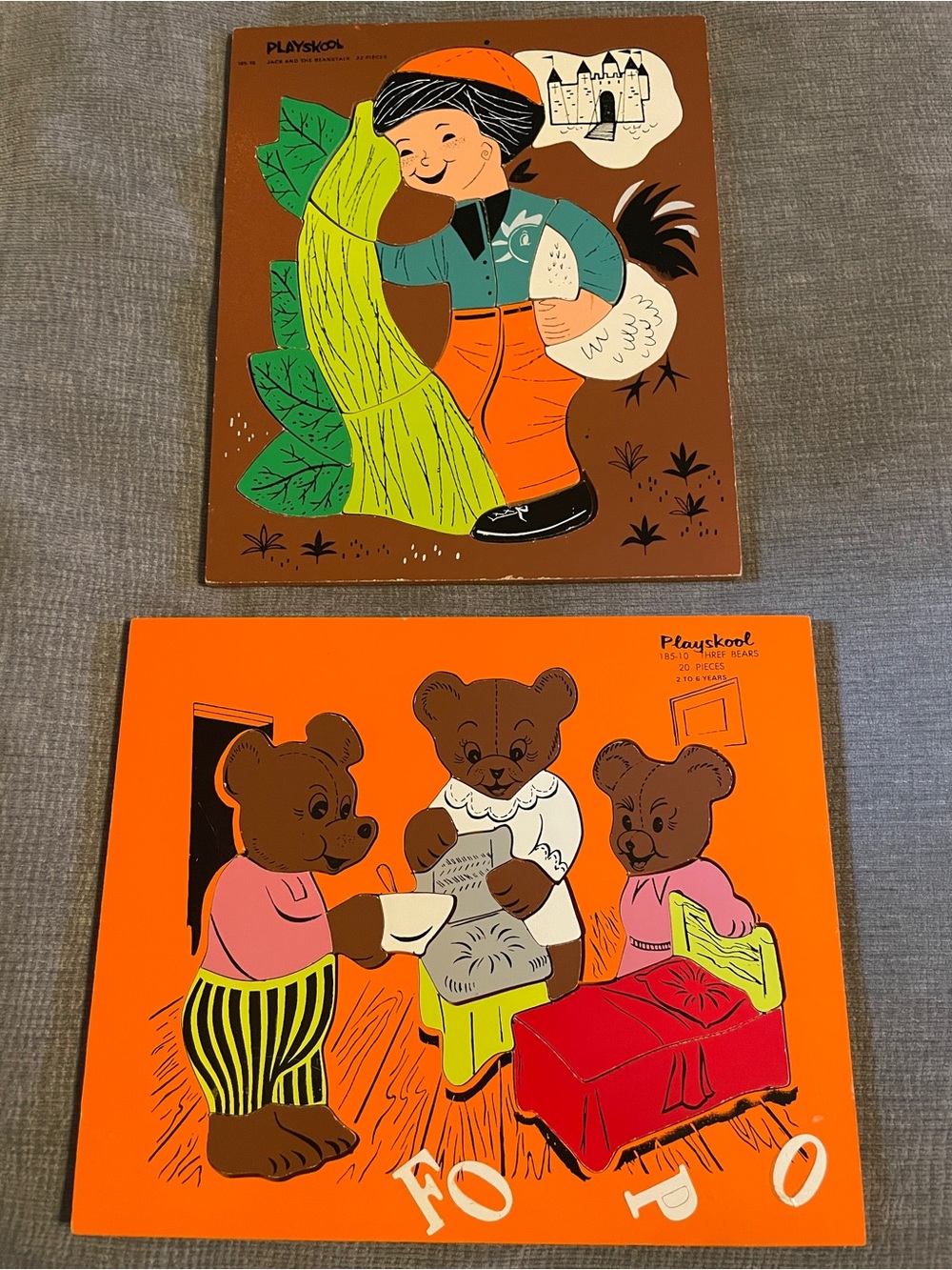 TWO Vintage Playskool Wooden Puzzles Three Bears & Jack and the Beanstalk